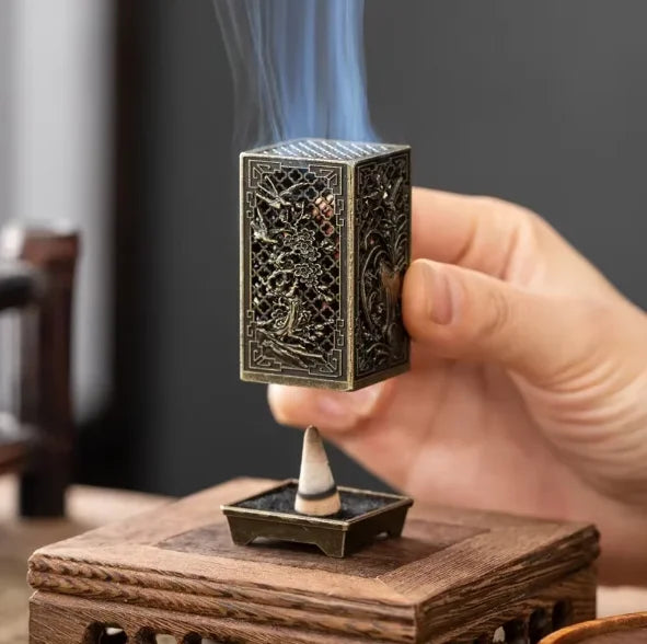 Square Vertical Incense Burner Small Xiangyun Alloy Incense Holder Indoor Aromatherapy Home Ornament Chinese Plum Inense Burners