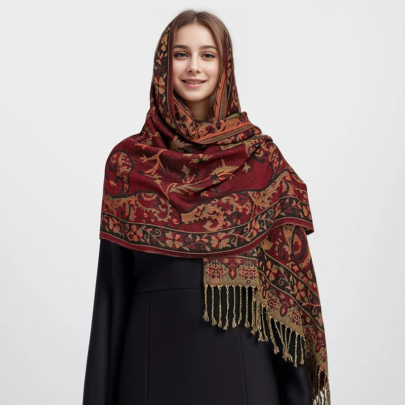Paisley Pashmina Hijab — Soft, Warm Winter Scarf with Fringe