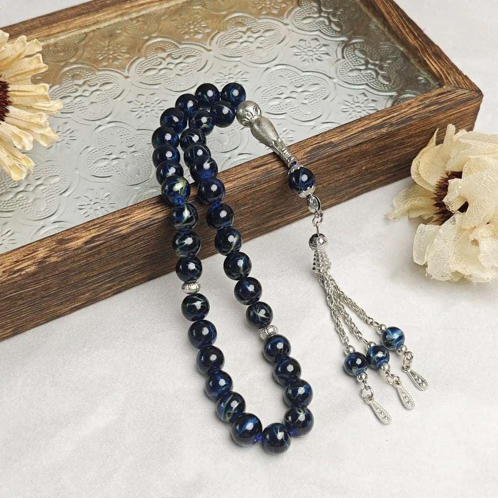 33-Bead Tasbih — Marbled Beads with Metal Tassel