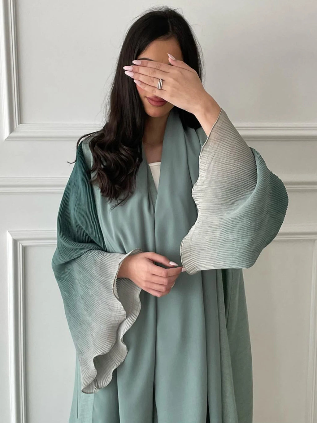 Open Abaya with Pleated Ombré Sleeves