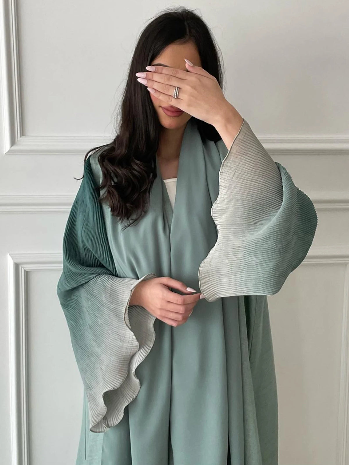 Open Abaya with Pleated Ombré Sleeves