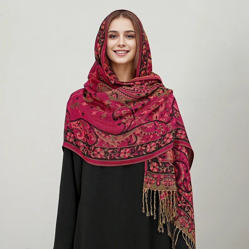 Paisley Pashmina Hijab — Soft, Warm Winter Scarf with Fringe