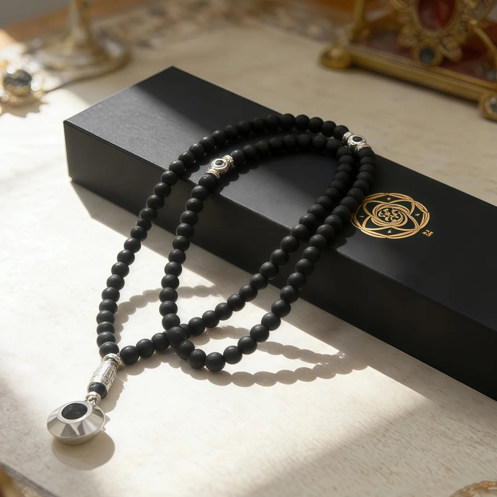 Black stone tasbih in a gift box – view 3