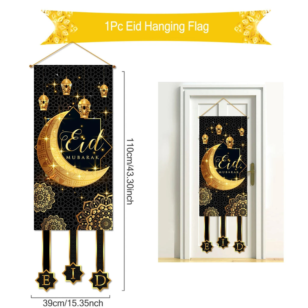 Ramadan Kareem Hanging Banner — Black & Gold Wall Flag