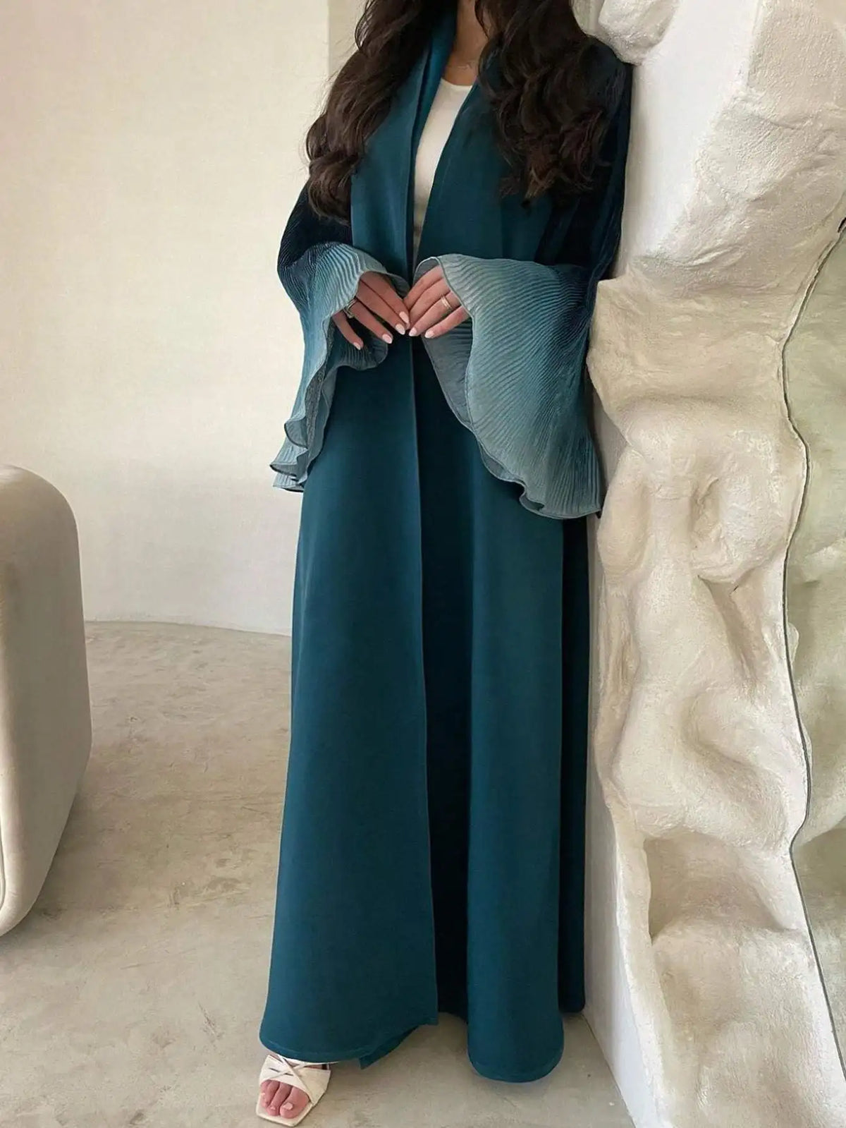 Open Abaya with Pleated Ombré Sleeves