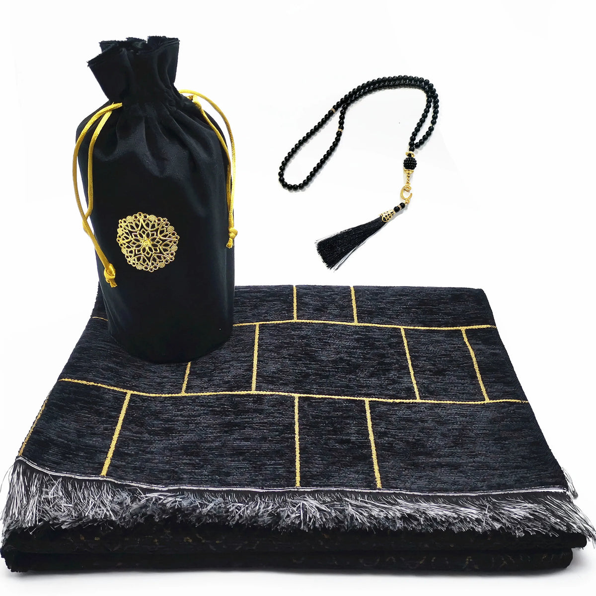 Bærbart bedetæppe i fløjl med tasbih og bæretaske — 70 × 110 cm