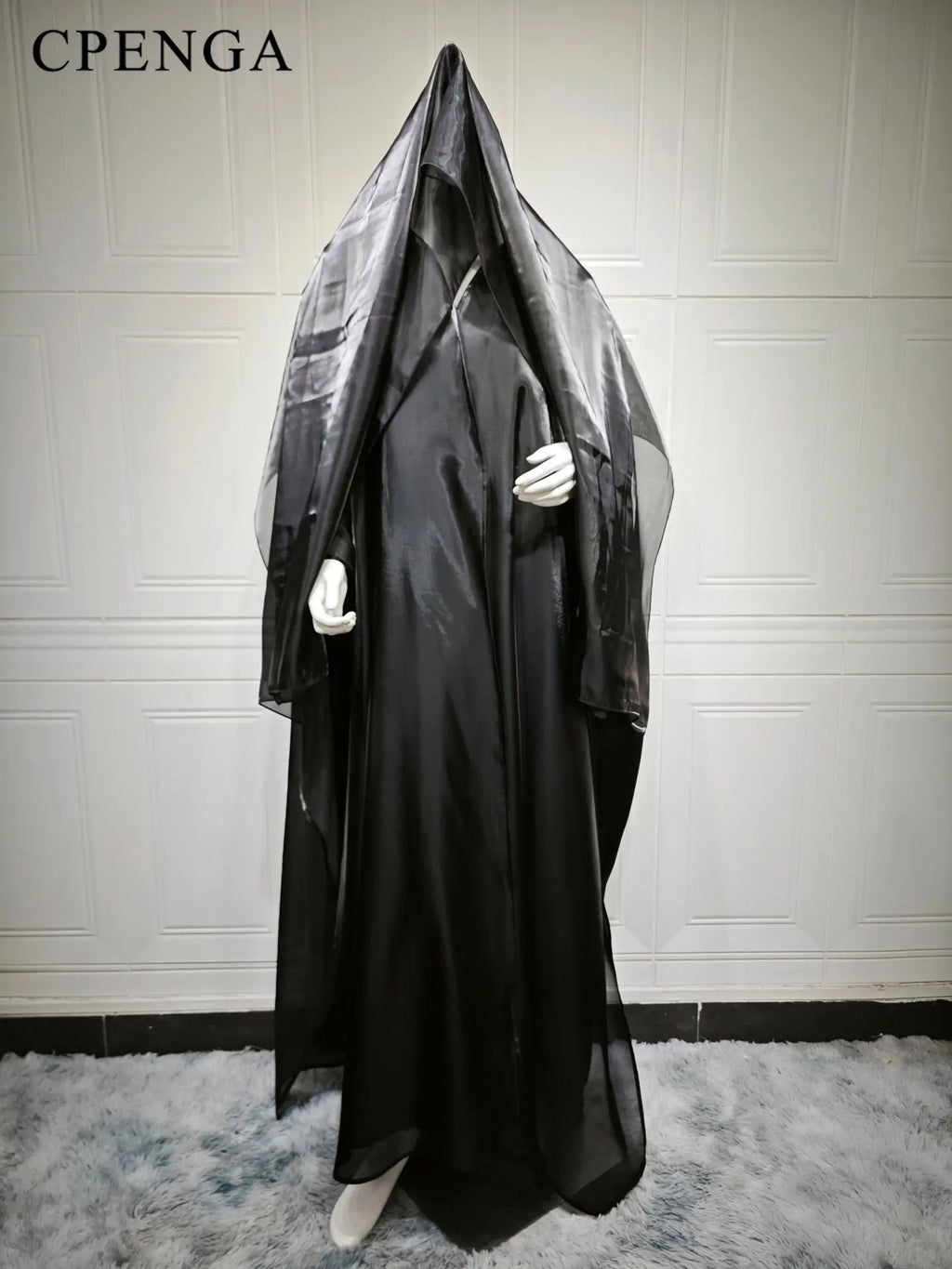 Satin open-front abaya with matching hijab – view 3