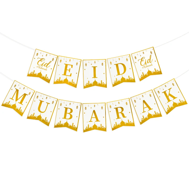 Eid Mubarak-festservice — hvide og gyldne tallerkener, krus og pynt
