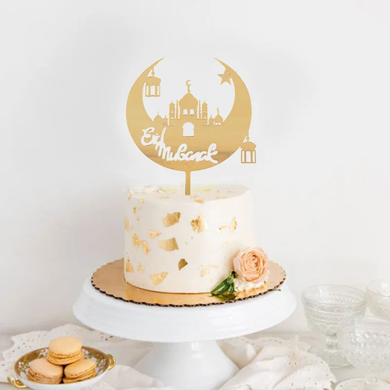 Eid Mubarak kagepynt — guld akryl til kager og cupcakes