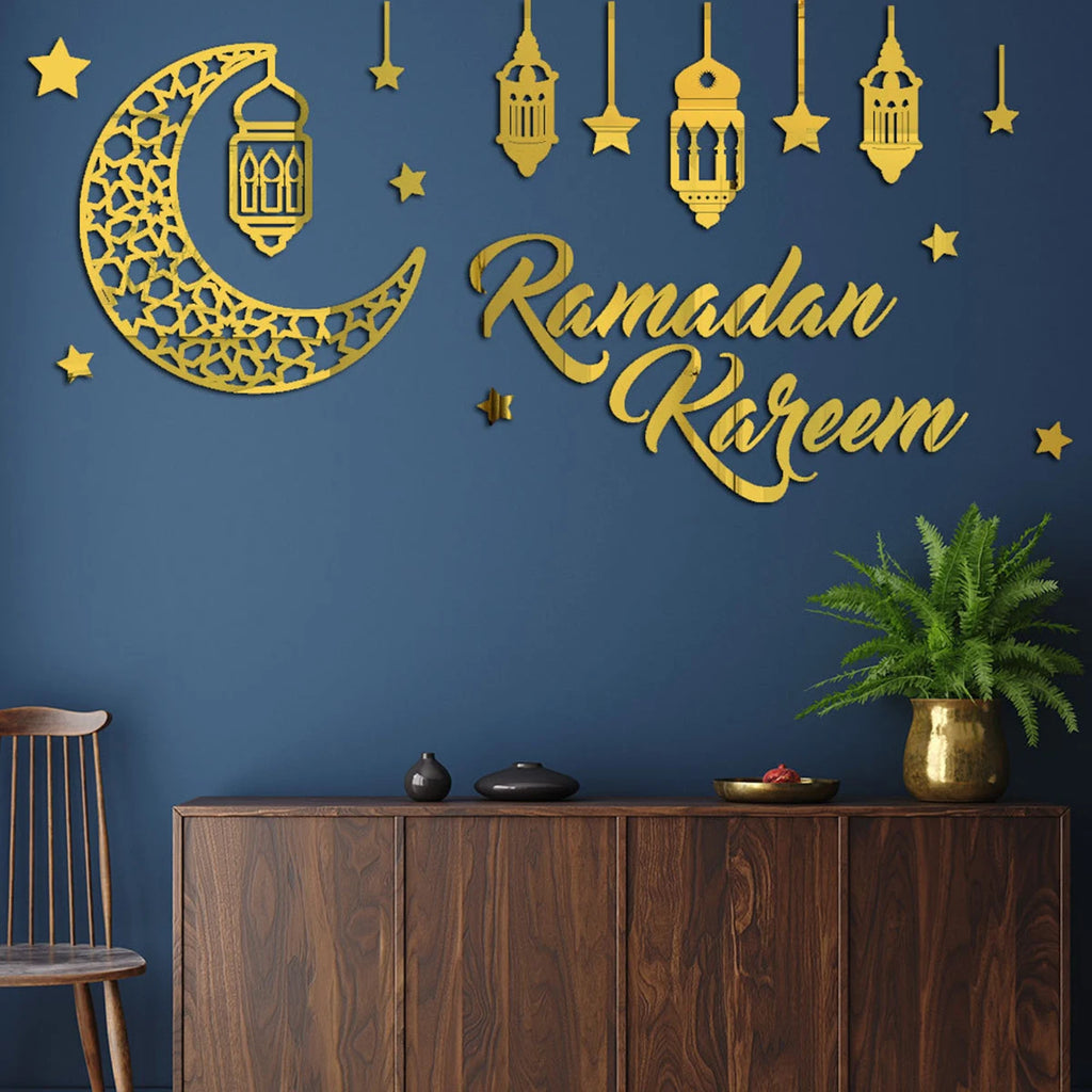 Ramadan Kareem Wandsticker — Goldener Mond, Sterne & Laternen
