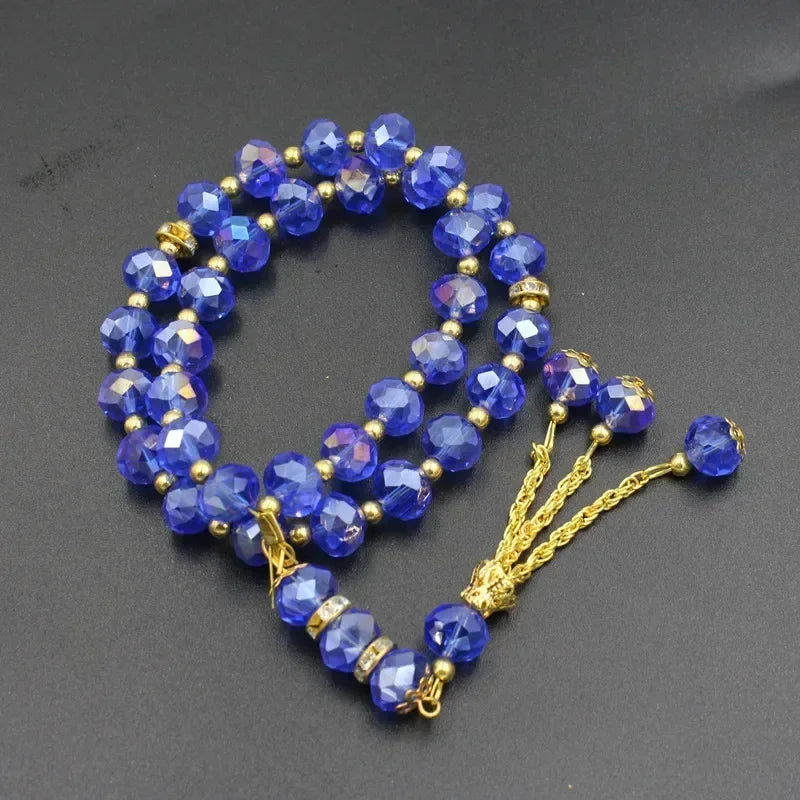 Tasbih med glasperler — 33 perler og guldkvast