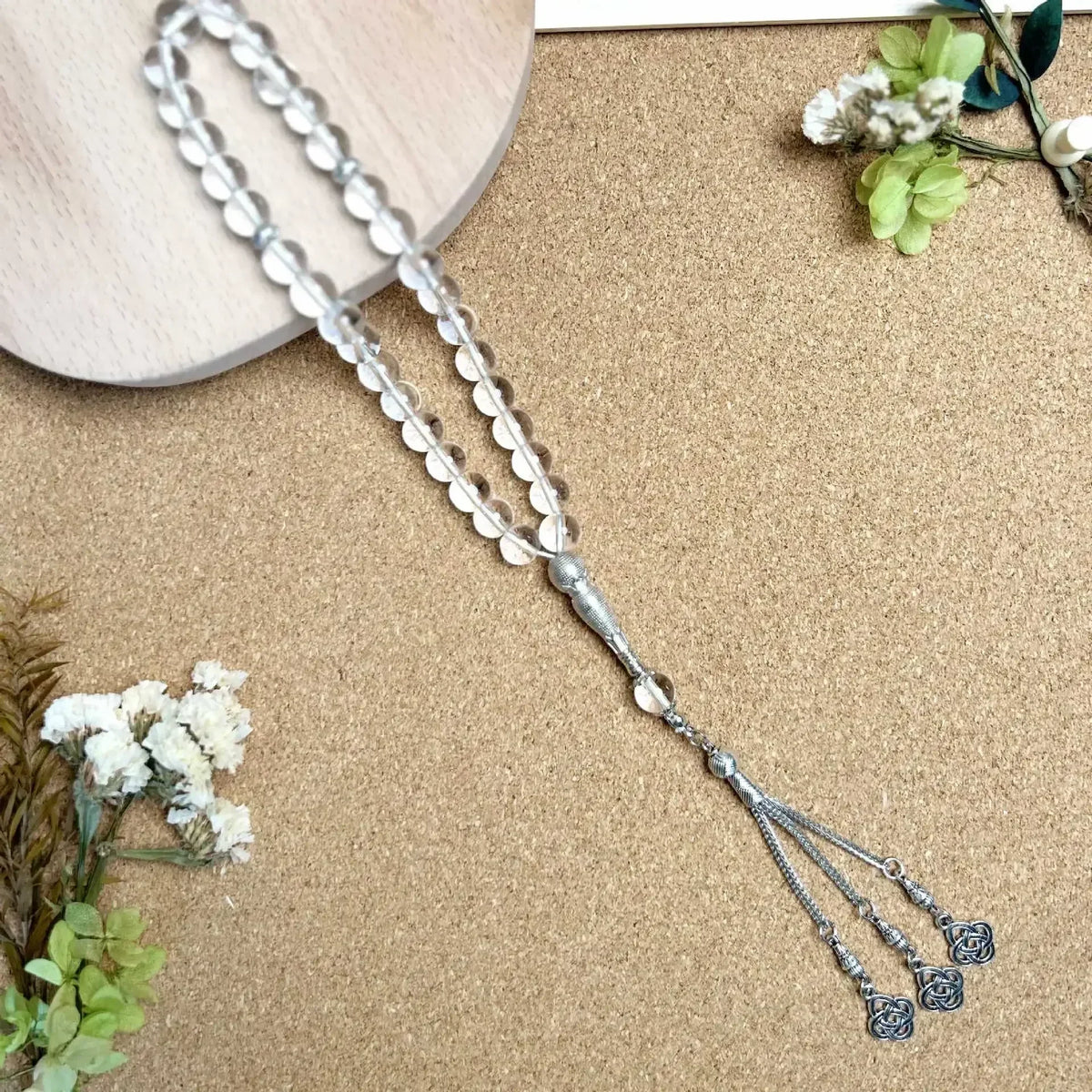 Tasbih med glasperler — 33 perler og guldkvast