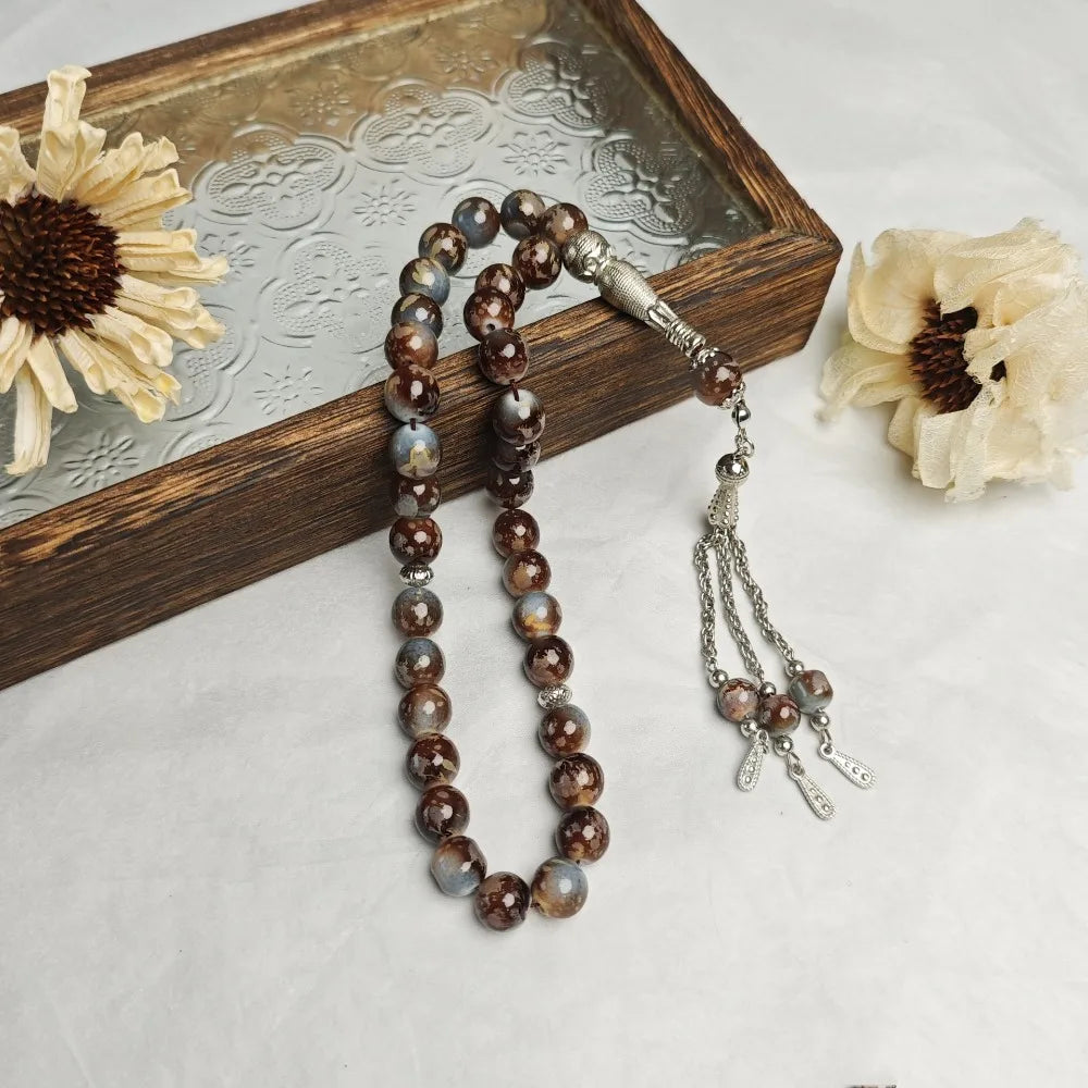33-Bead Tasbih — Marbled Beads with Metal Tassel