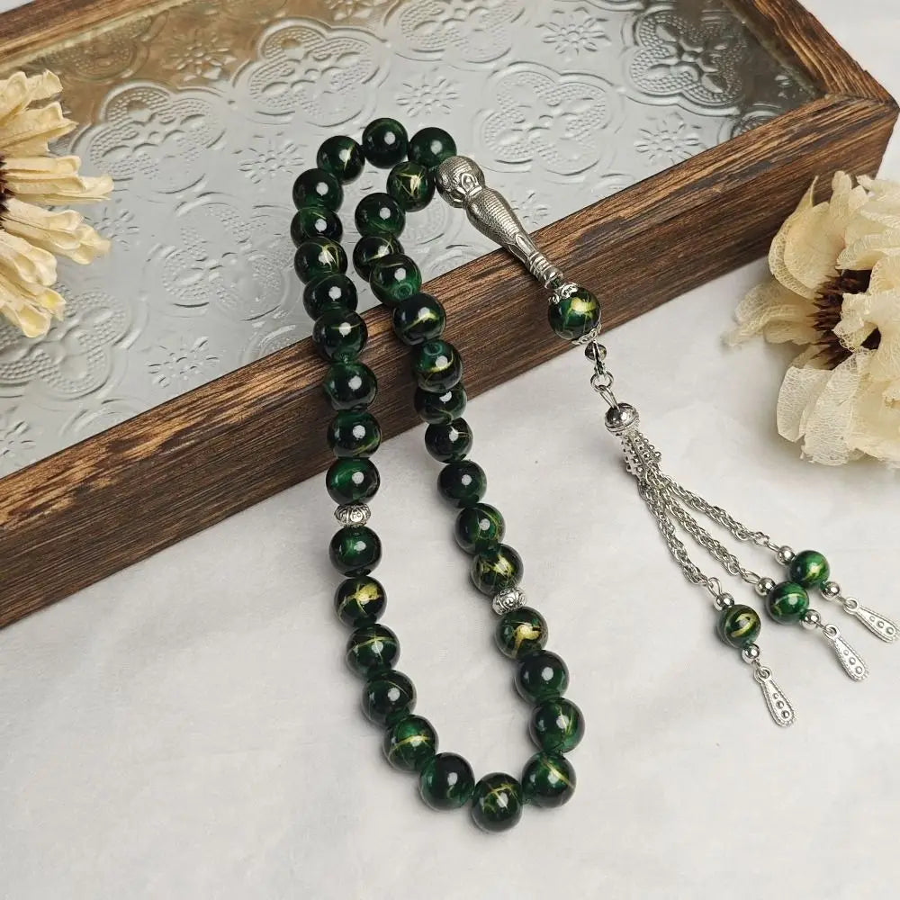 33-Bead Tasbih — Marbled Beads with Metal Tassel