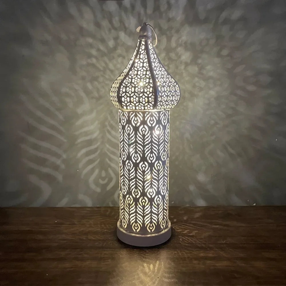 Home Ornament Iron Art Moroccan Night Light Hollow Battery Powered Ramadan LED Light Vintage Masjid Lantern Mosque
