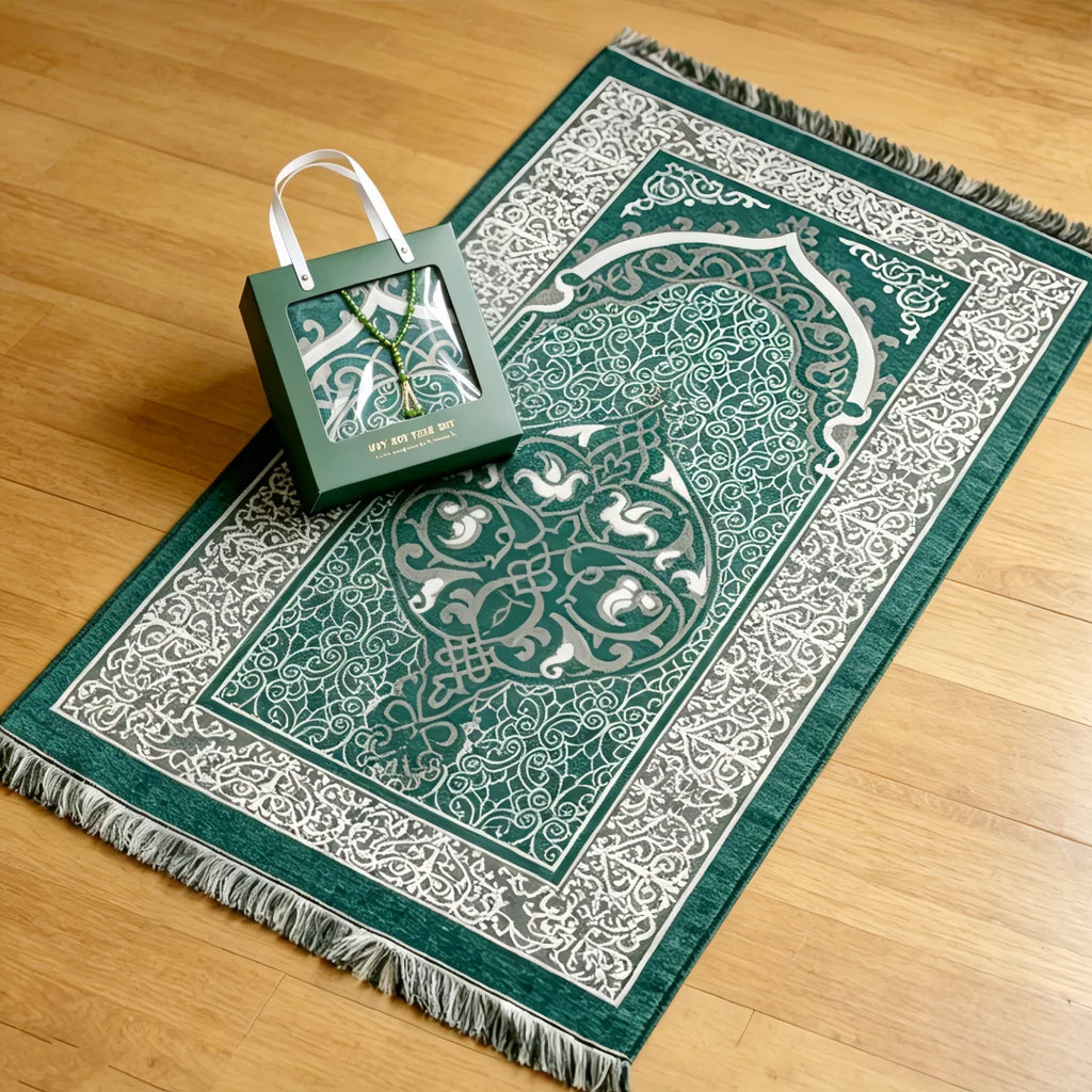 Chenille Prayer Mat Gift Box Set with Bag & Tasbih