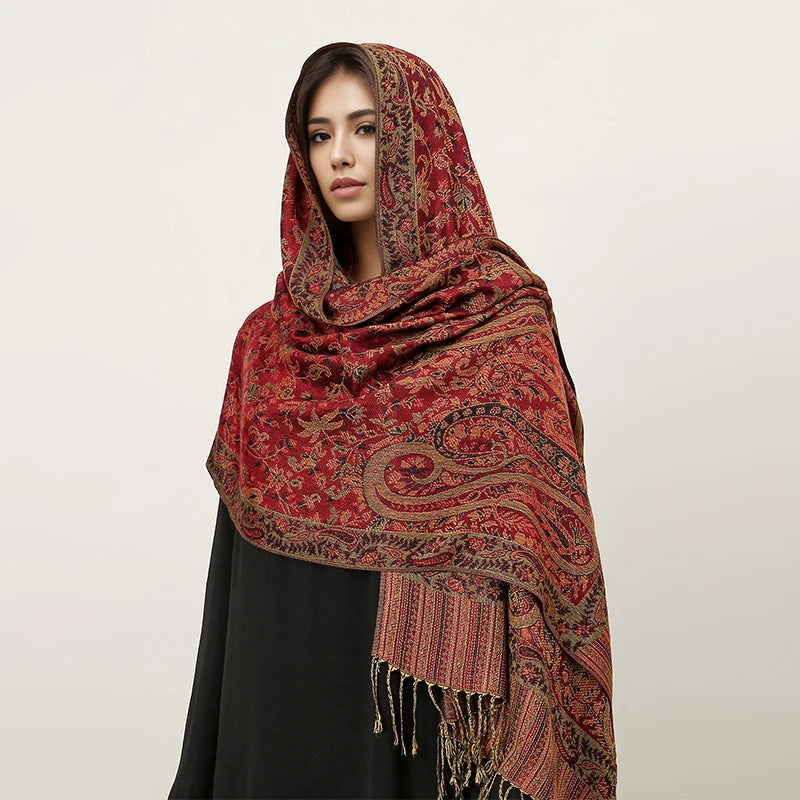 Paisley Pashmina Hijab — Soft, Warm Winter Scarf with Fringe