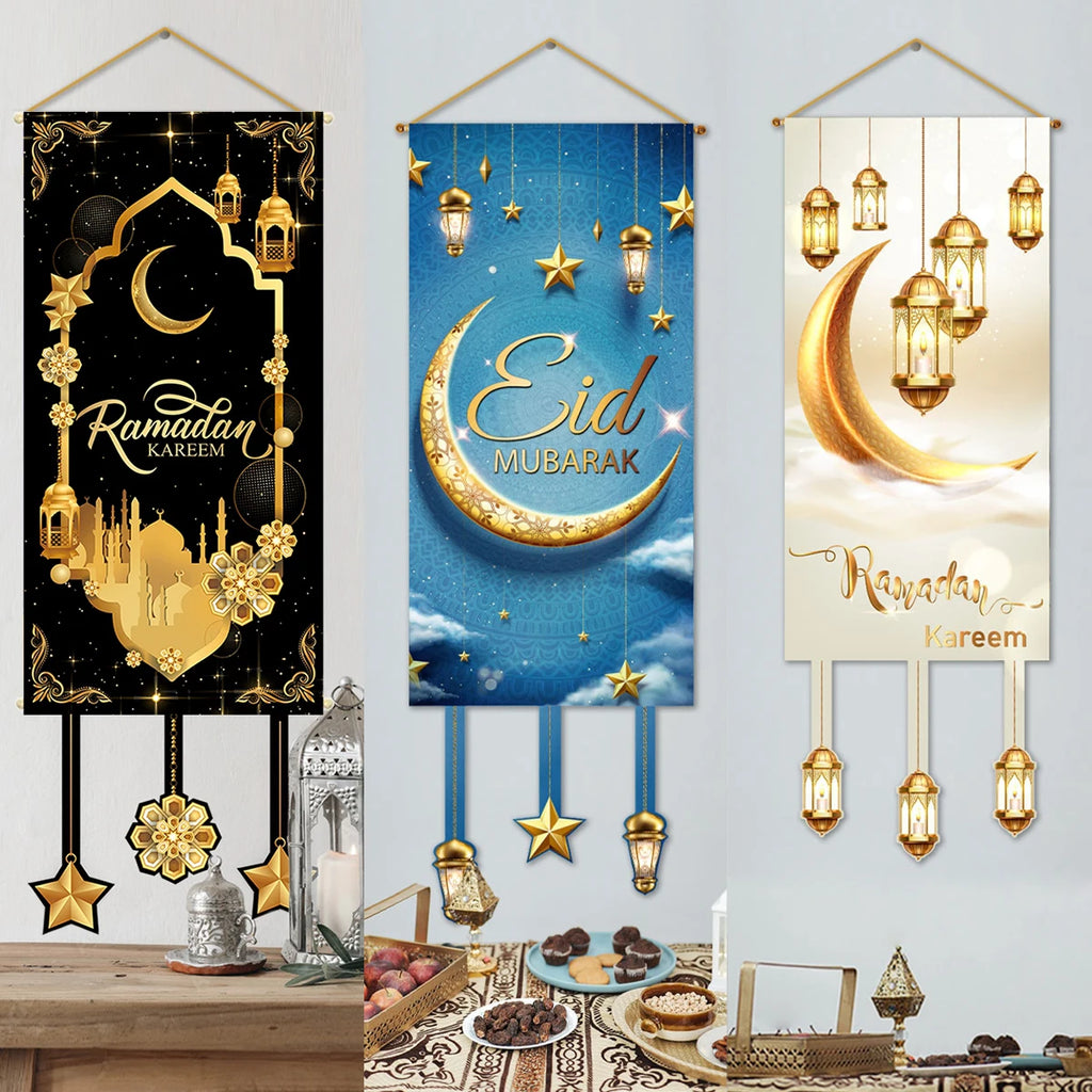 Ramadan Kareem Hanging Banner — Black & Gold Wall Flag