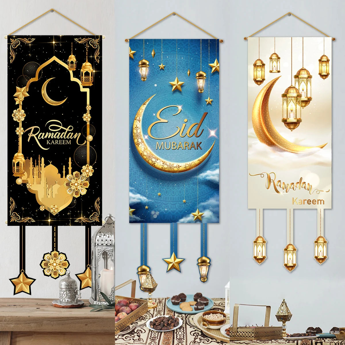 Ramadan Kareem Hanging Banner — Black & Gold Wall Flag