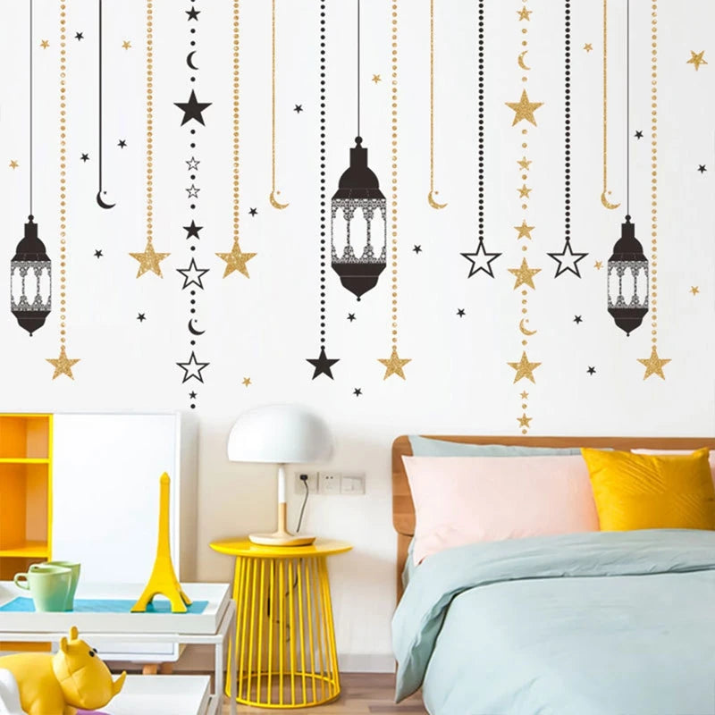 Ramadan Kareem Wandsticker — Goldener Mond, Sterne & Laternen