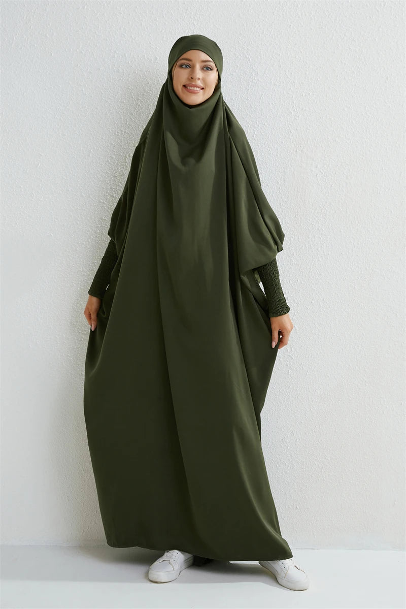 Hooded one-piece prayer abaya with smocked sleeves