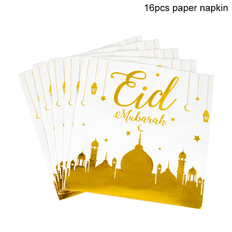 Eid Mubarak-festservice — hvide og gyldne tallerkener, krus og pynt