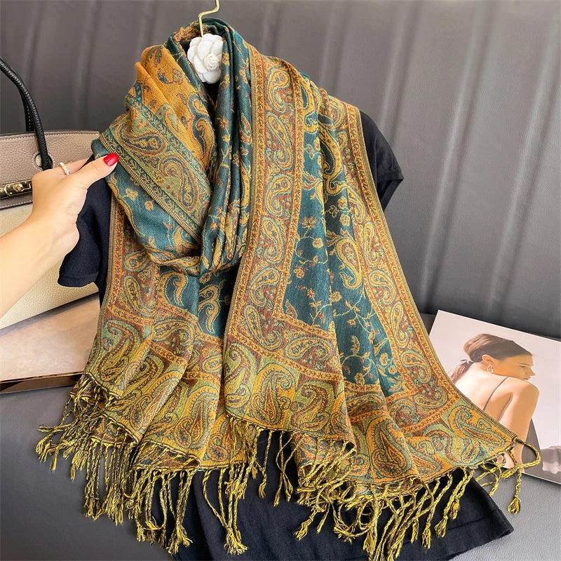 Paisley Pashmina Hijab — Soft, Warm Winter Scarf with Fringe