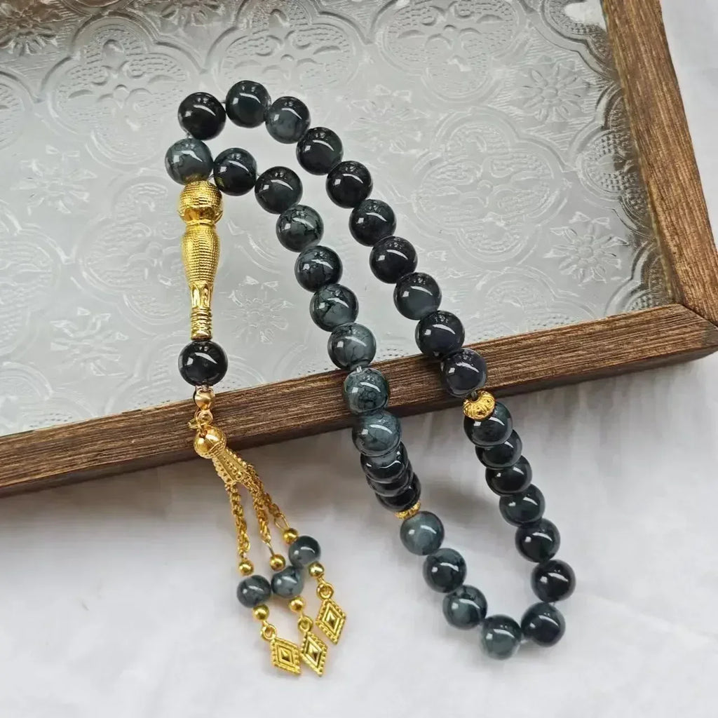 Tasbih med glasperler — 33 perler og guldkvast