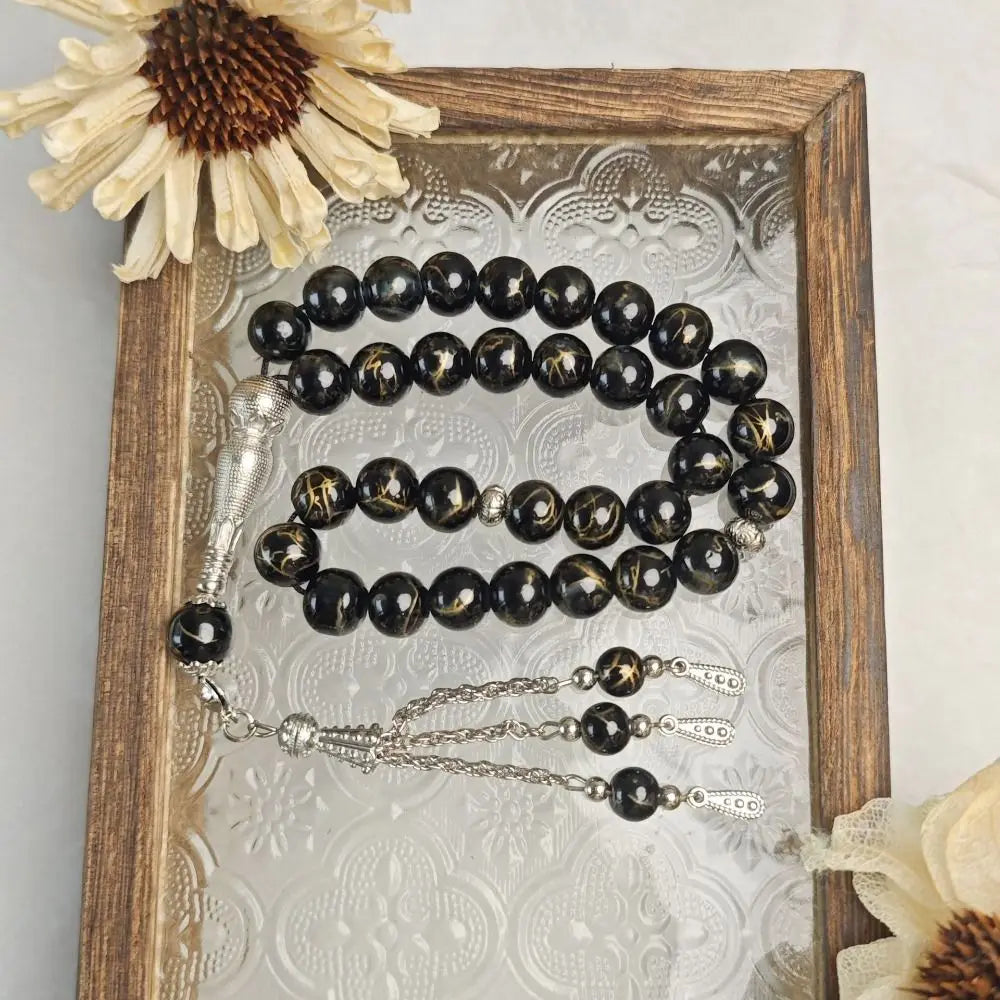 33-Bead Tasbih — Marbled Beads with Metal Tassel