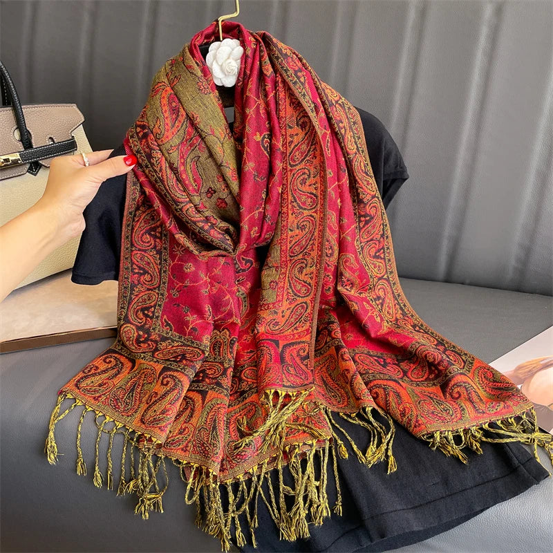 Paisley Pashmina Hijab — Soft, Warm Winter Scarf with Fringe