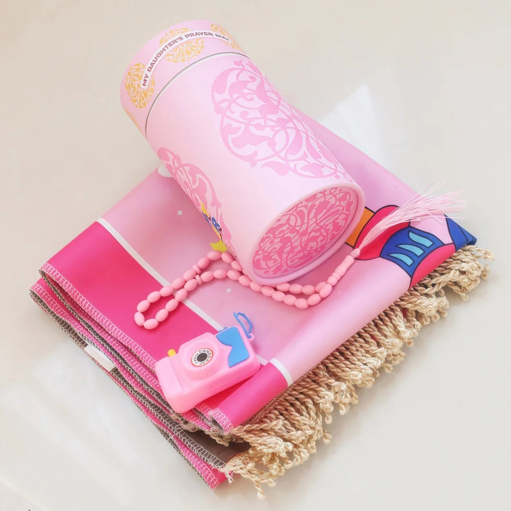 Kids prayer mat gift set with tasbih, toy camera and gift tube – view 3