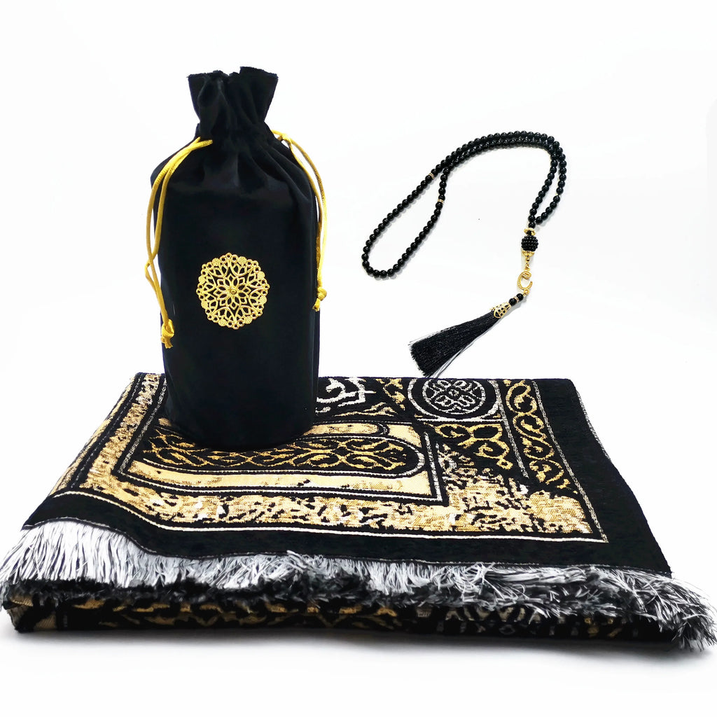 Portable velvet prayer mat with tasbih and carry bag