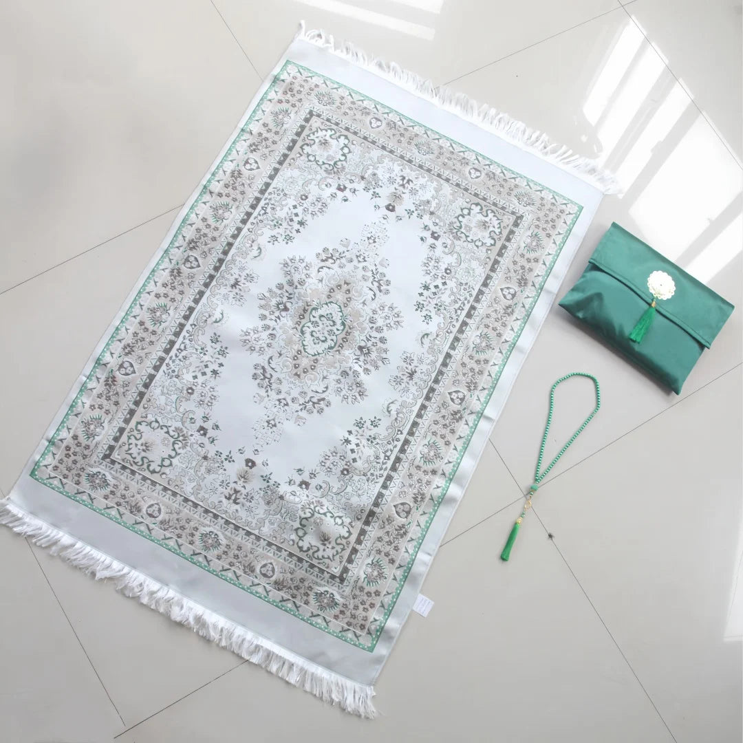 Satin Floral Prayer Set — Mat, Bag & 33-Bead Tasbih