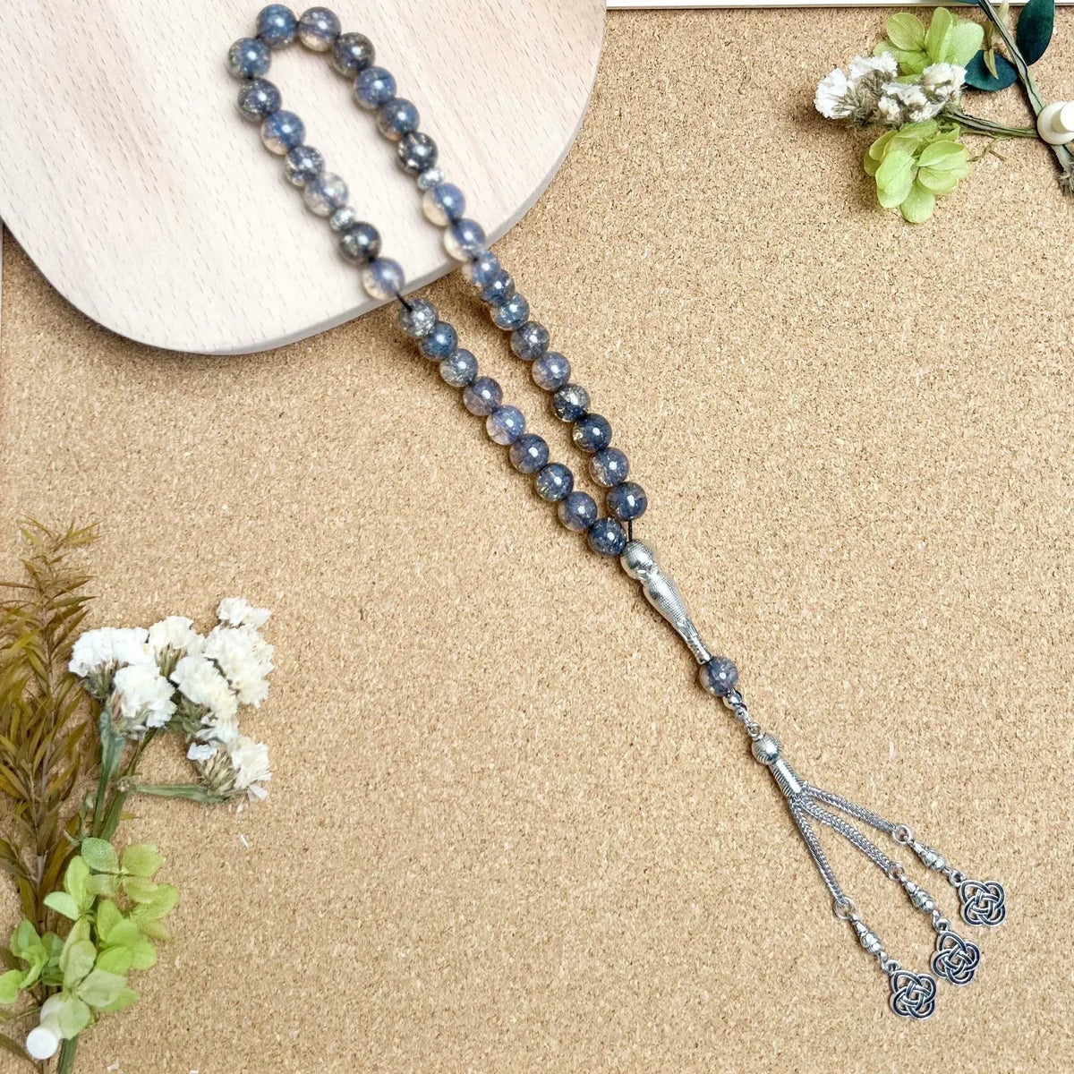 Tasbih med glasperler — 33 perler og guldkvast