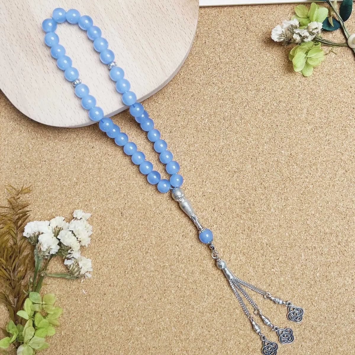 Tasbih med glasperler — 33 perler og guldkvast