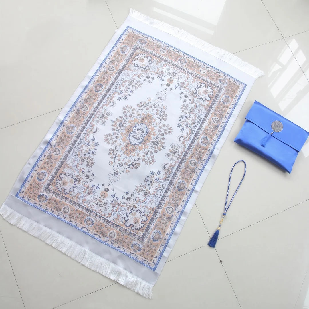 Satin Floral Prayer Set — Mat, Bag & 33-Bead Tasbih