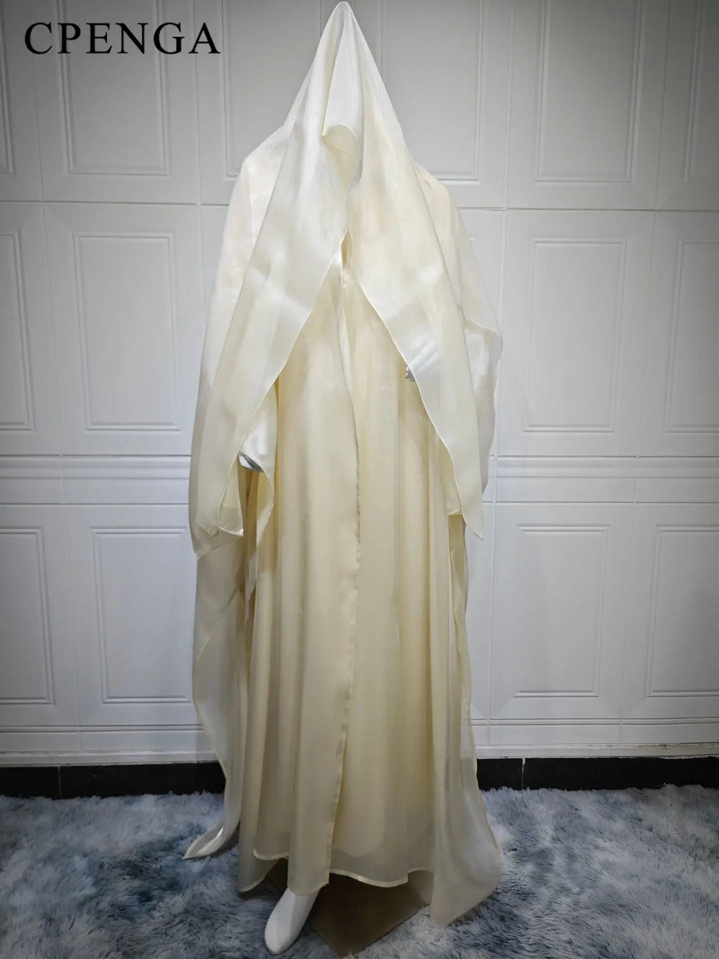 Satin open-front abaya with matching hijab