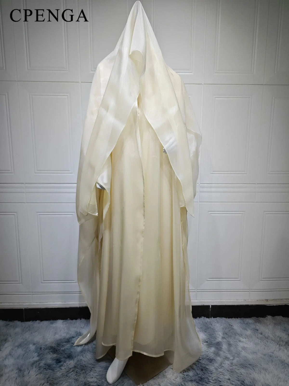Satin open-front abaya with matching hijab