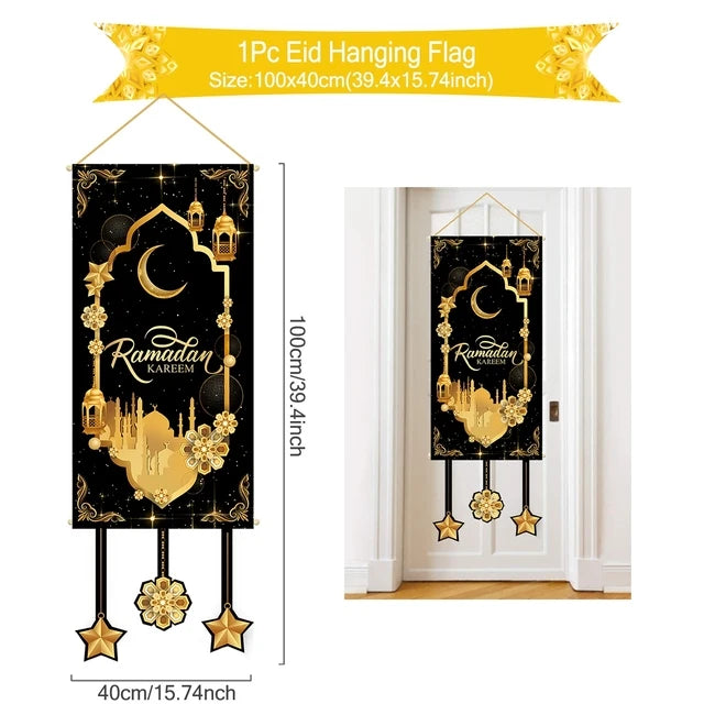 Ramadan Kareem Hanging Banner — Black & Gold Wall Flag