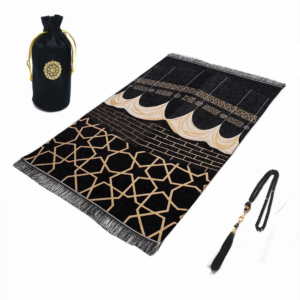 Bærbart bedetæppe i fløjl med tasbih og bæretaske — 70 × 110 cm