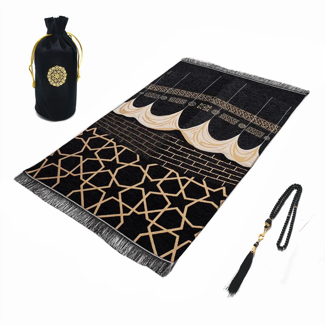 Bærbart bedetæppe i fløjl med tasbih og bæretaske — 70 × 110 cm