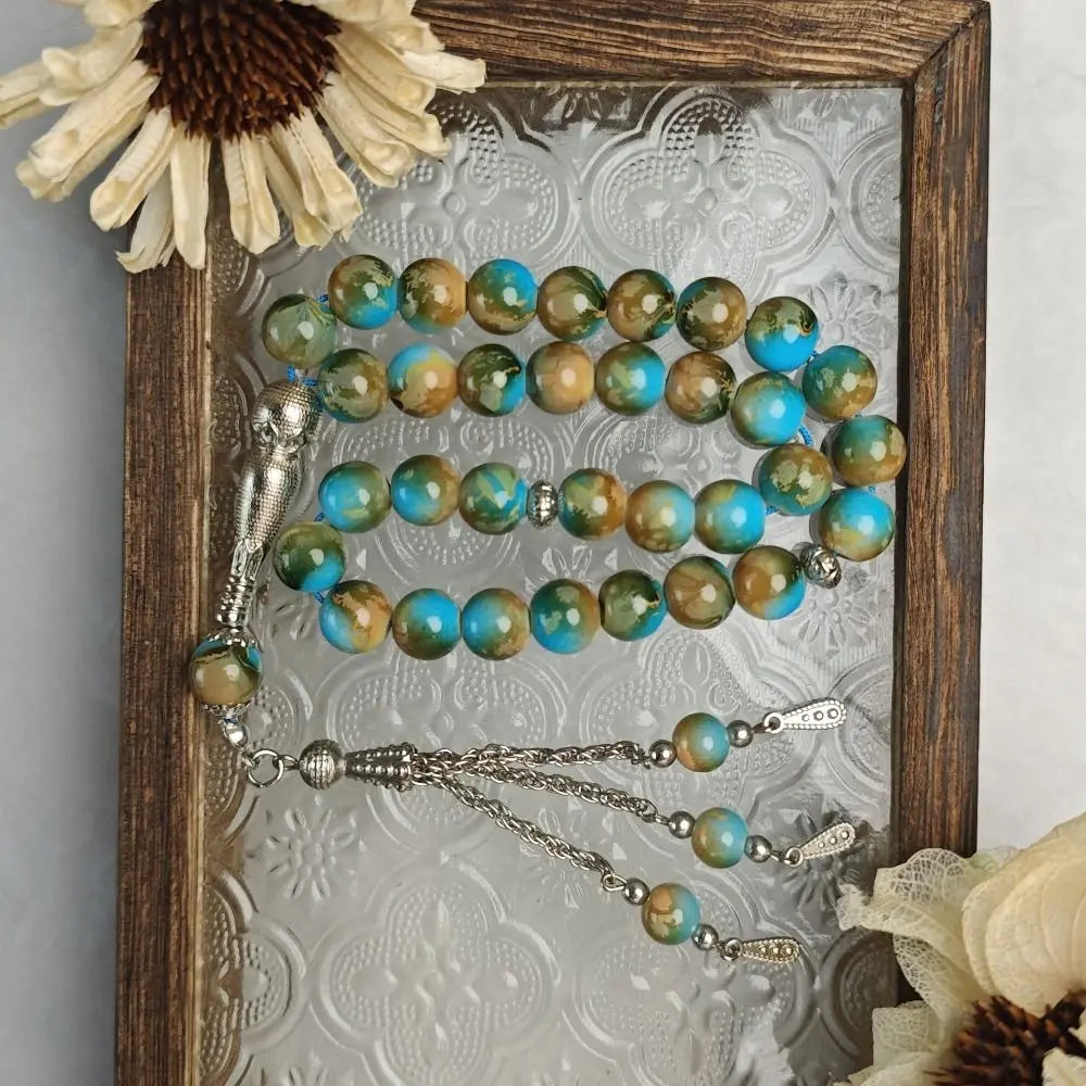 33-Bead Tasbih — Marbled Beads with Metal Tassel