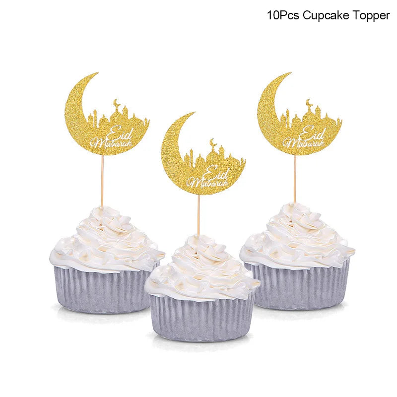Eid Mubarak kagepynt — guld akryl til kager og cupcakes