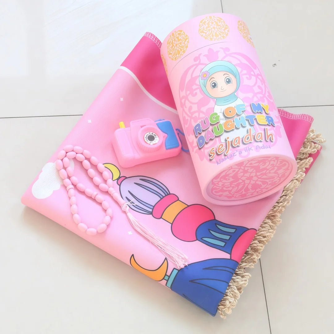 Kids Prayer Mat Gift Set — Mat, Tasbih, Toy Camera & Gift Tube (4-Piece)