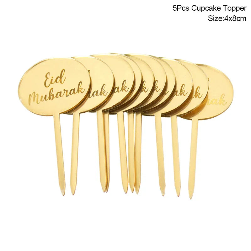 Eid Mubarak kagepynt — guld akryl til kager og cupcakes