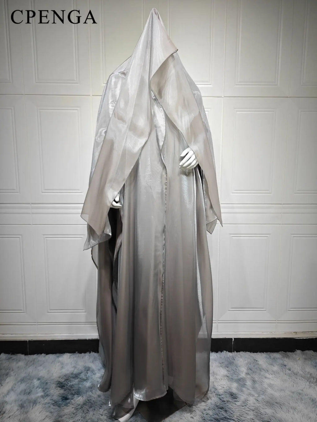 Satin open-front abaya with matching hijab – view 2