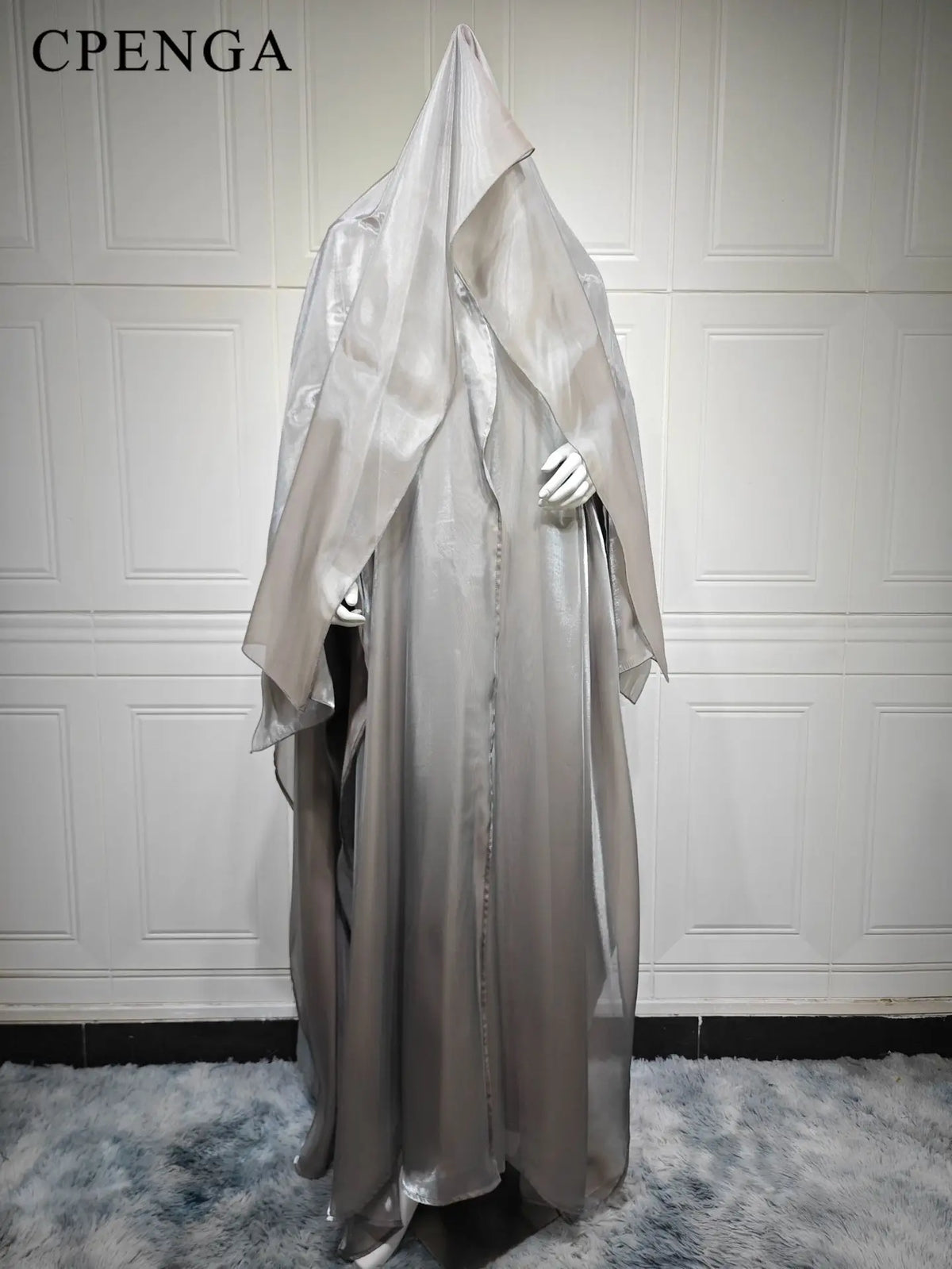 Satin open-front abaya with matching hijab – view 2