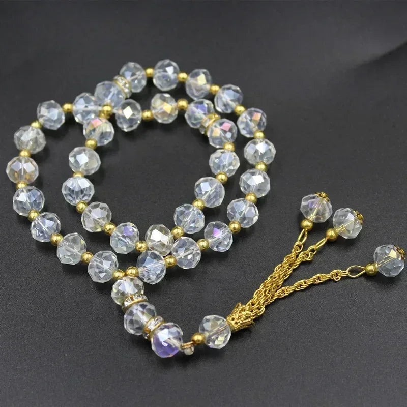 Tasbih med glasperler — 33 perler og guldkvast