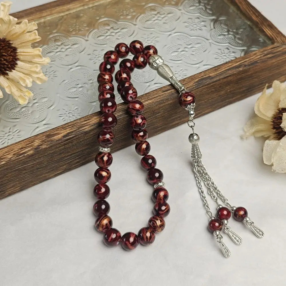 33-Bead Tasbih — Marbled Beads with Metal Tassel