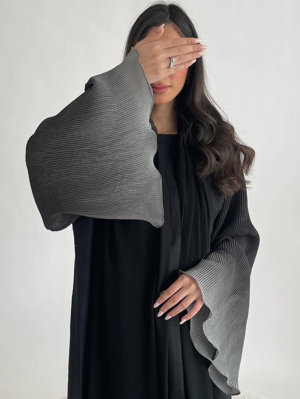 Open Abaya with Pleated Ombré Sleeves